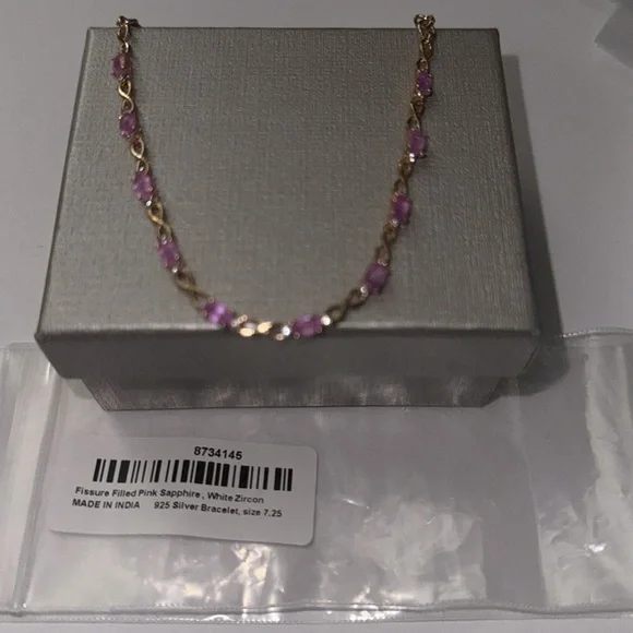 Pink Sapphire Bracelet and White Zircon Gemstones. Size 7.25” Long. Elegant. - Picture 4 of 4